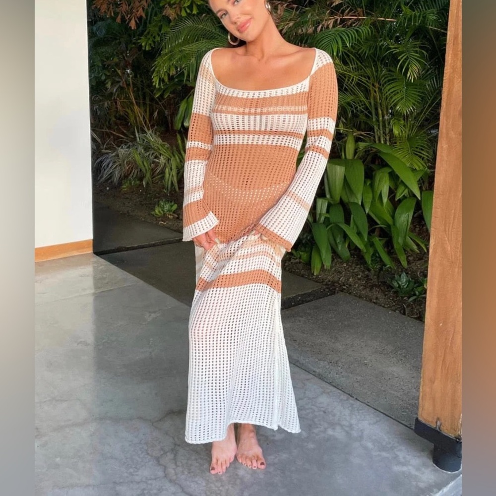 Verge Girl Cream and Tan Crochet Maxi Dress